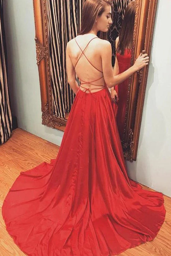 Vestidos de fiesta largos, económicos, con corte en A, tirantes finos, rojos, sexys, con abertura lateral, vestidos de noche impresionantes.