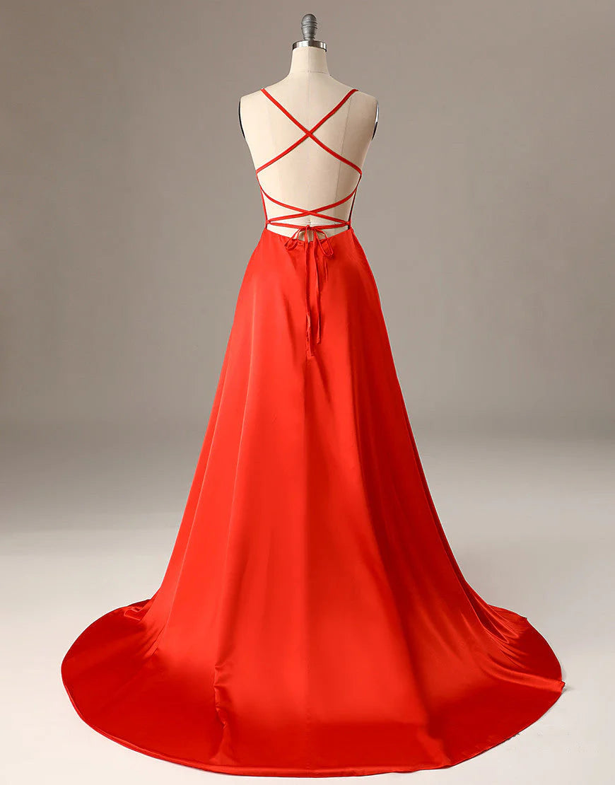 Vestidos de fiesta largos, económicos, con corte en A, tirantes finos, rojos, sexys, con abertura lateral, vestidos de noche impresionantes.
