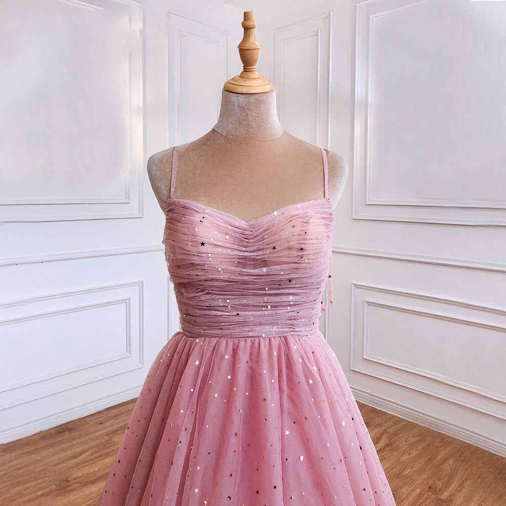 Vestidos de fiesta largos de tul con tirantes finos y corte A con lentejuelas rosas, vestidos de noche formales