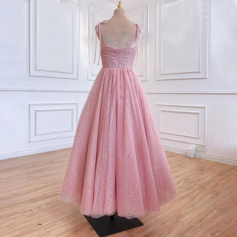 Vestidos de fiesta largos de tul con tirantes finos y corte A con lentejuelas rosas, vestidos de noche formales