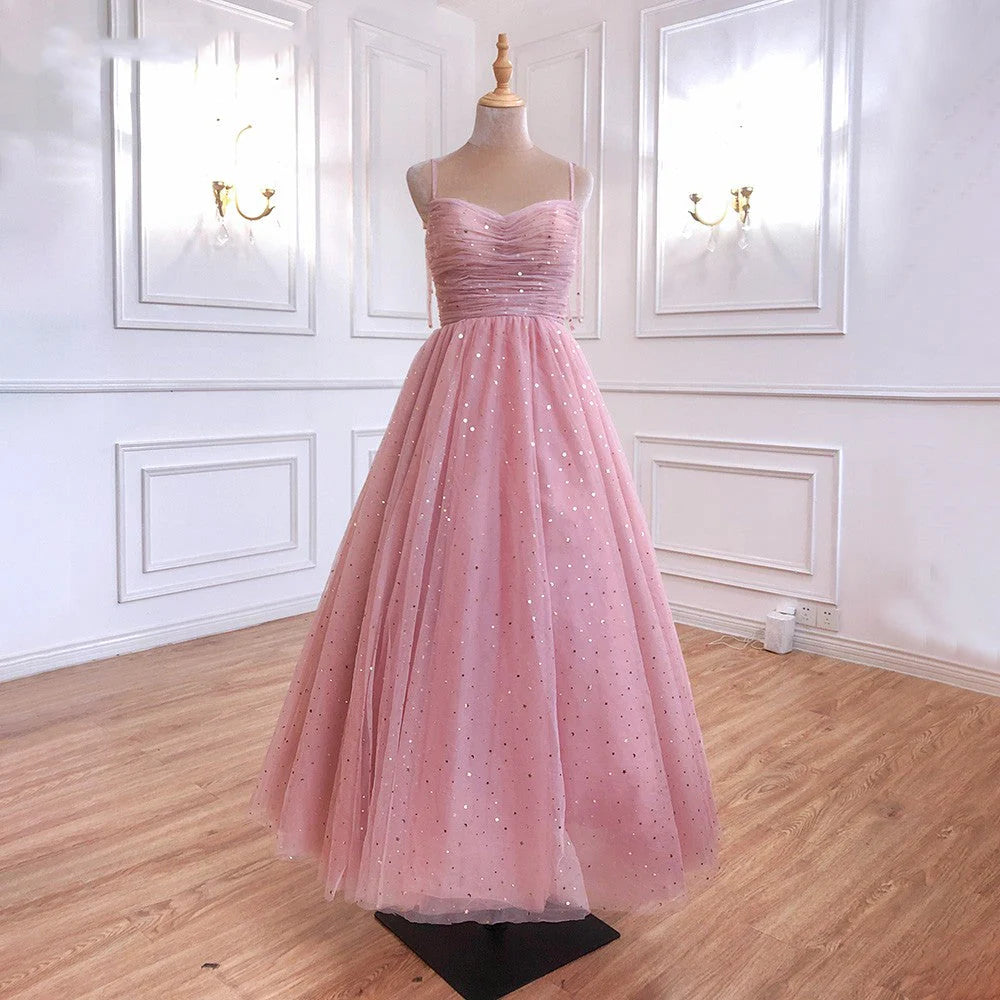 Vestidos de fiesta largos de tul con tirantes finos y corte A con lentejuelas rosas, vestidos de noche formales