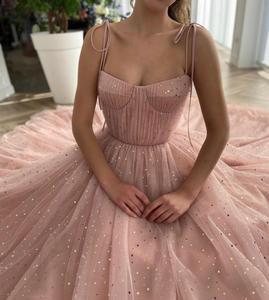 Vestidos de fiesta largos de tul con tirantes finos y corte A con lentejuelas rosas, vestidos de noche formales