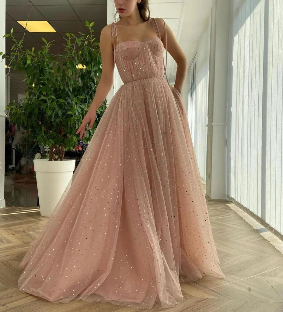 Vestidos de fiesta largos de tul con tirantes finos y corte A con lentejuelas rosas, vestidos de noche formales