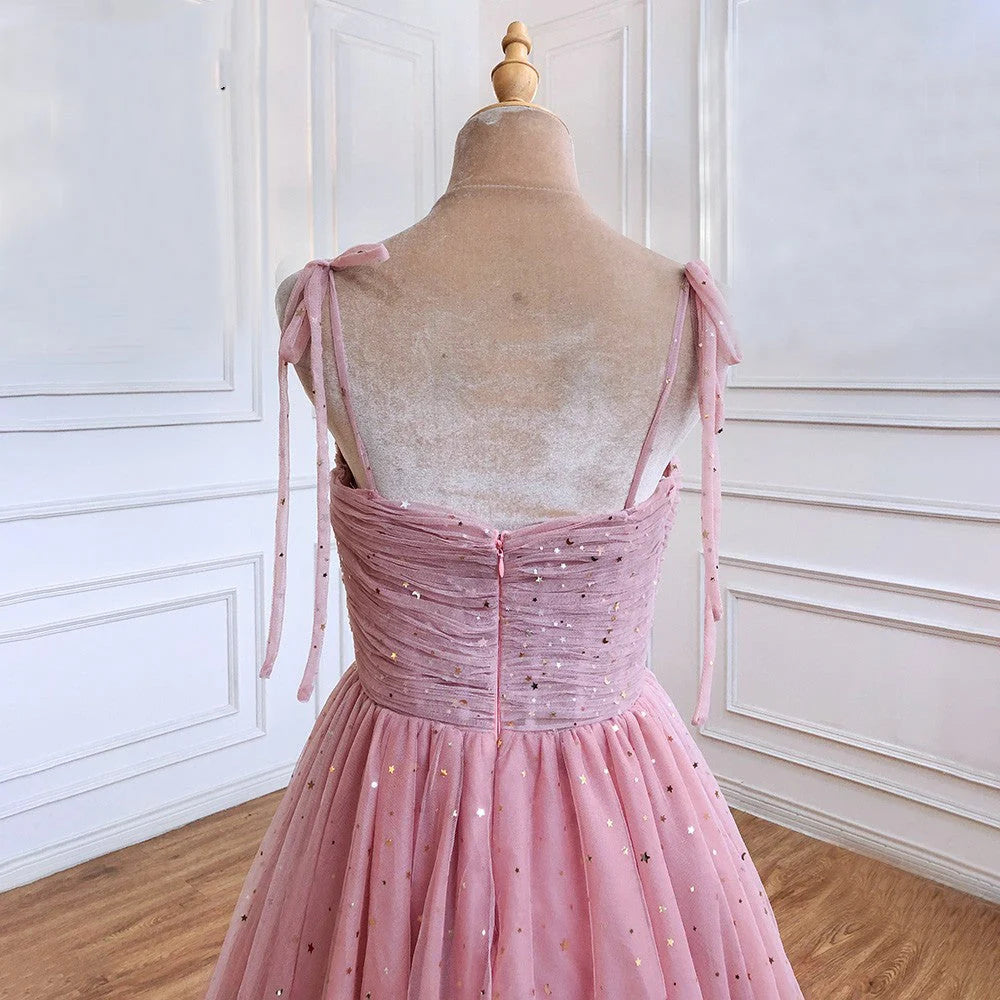 Vestidos de fiesta largos de tul con tirantes finos y corte A con lentejuelas rosas, vestidos de noche formales