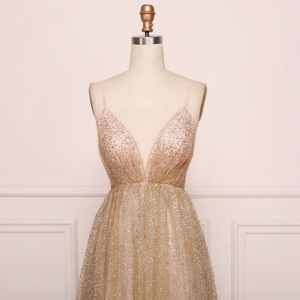 Vestidos de fiesta con escote en V, tirantes finos y espalda descubierta, largos y brillantes