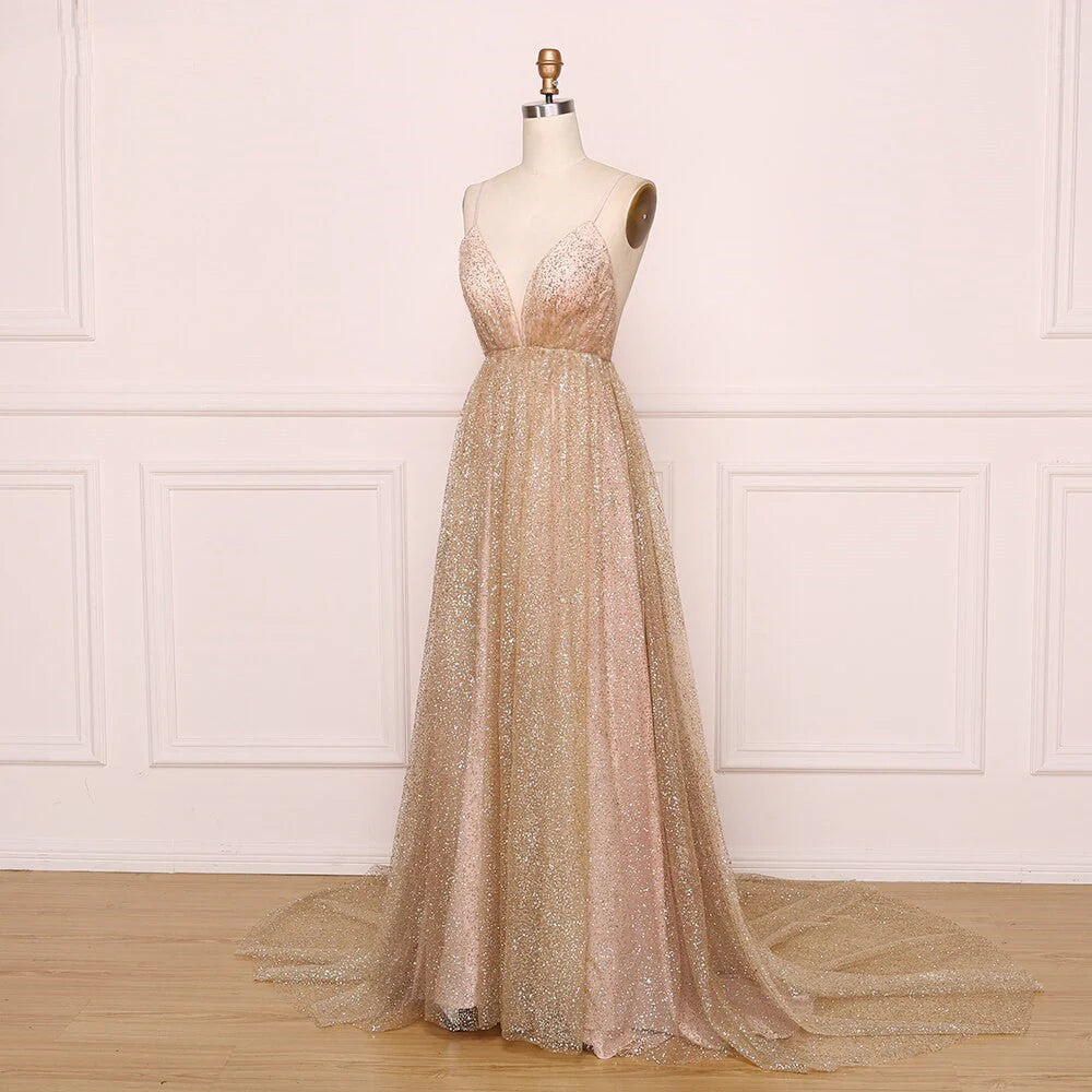 Vestidos de fiesta con escote en V, tirantes finos y espalda descubierta, largos y brillantes