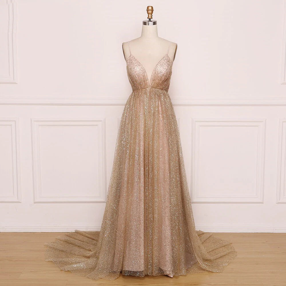 Vestidos de fiesta con escote en V, tirantes finos y espalda descubierta, largos y brillantes