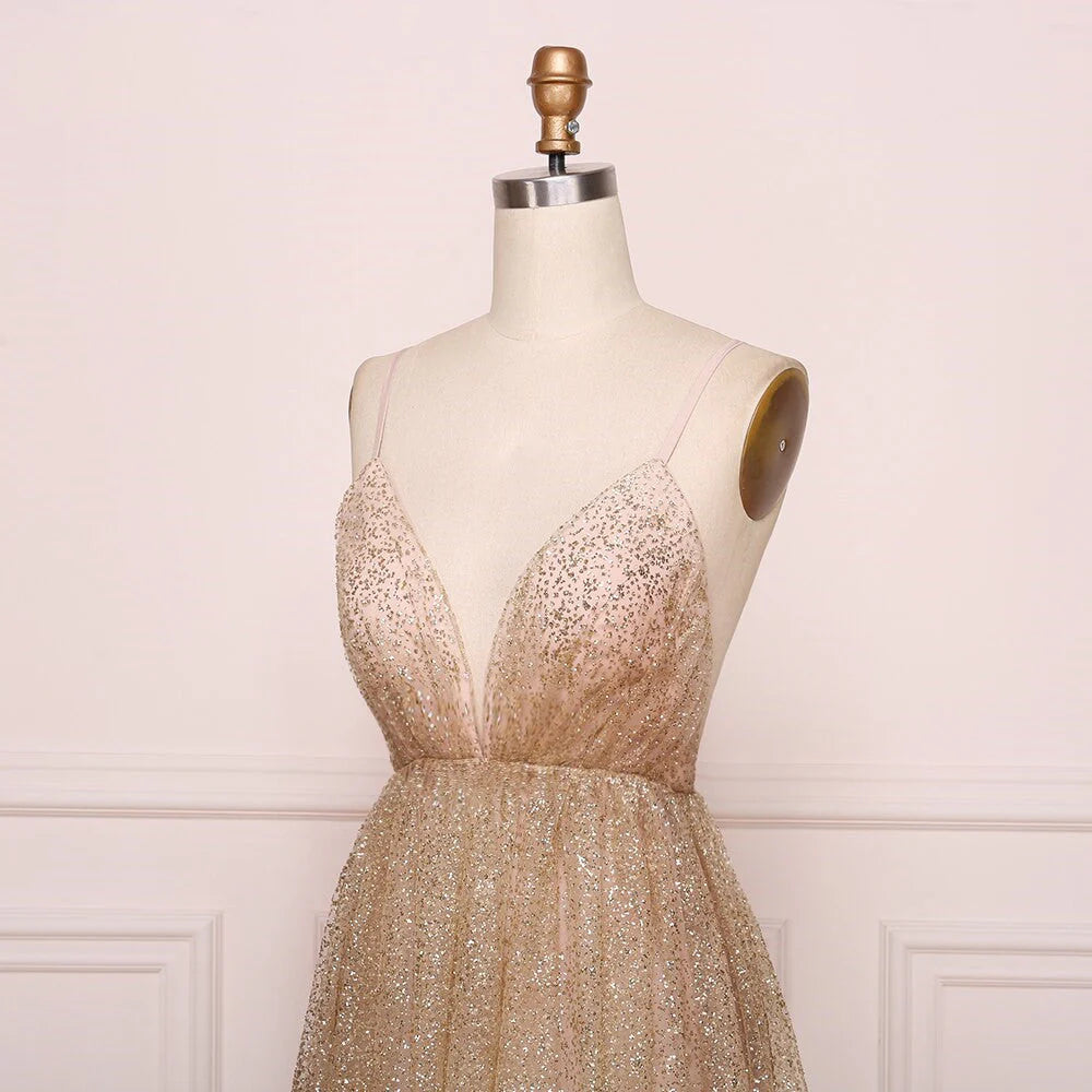 Vestidos de fiesta con escote en V, tirantes finos y espalda descubierta, largos y brillantes