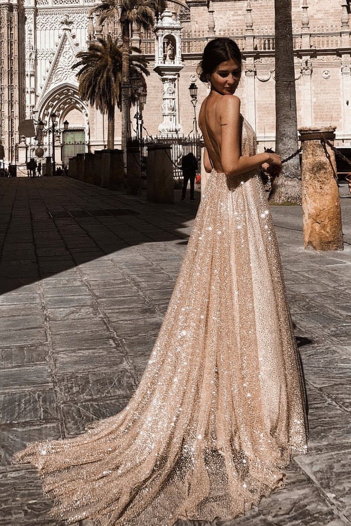 Vestidos de fiesta con escote en V, tirantes finos y espalda descubierta, largos y brillantes