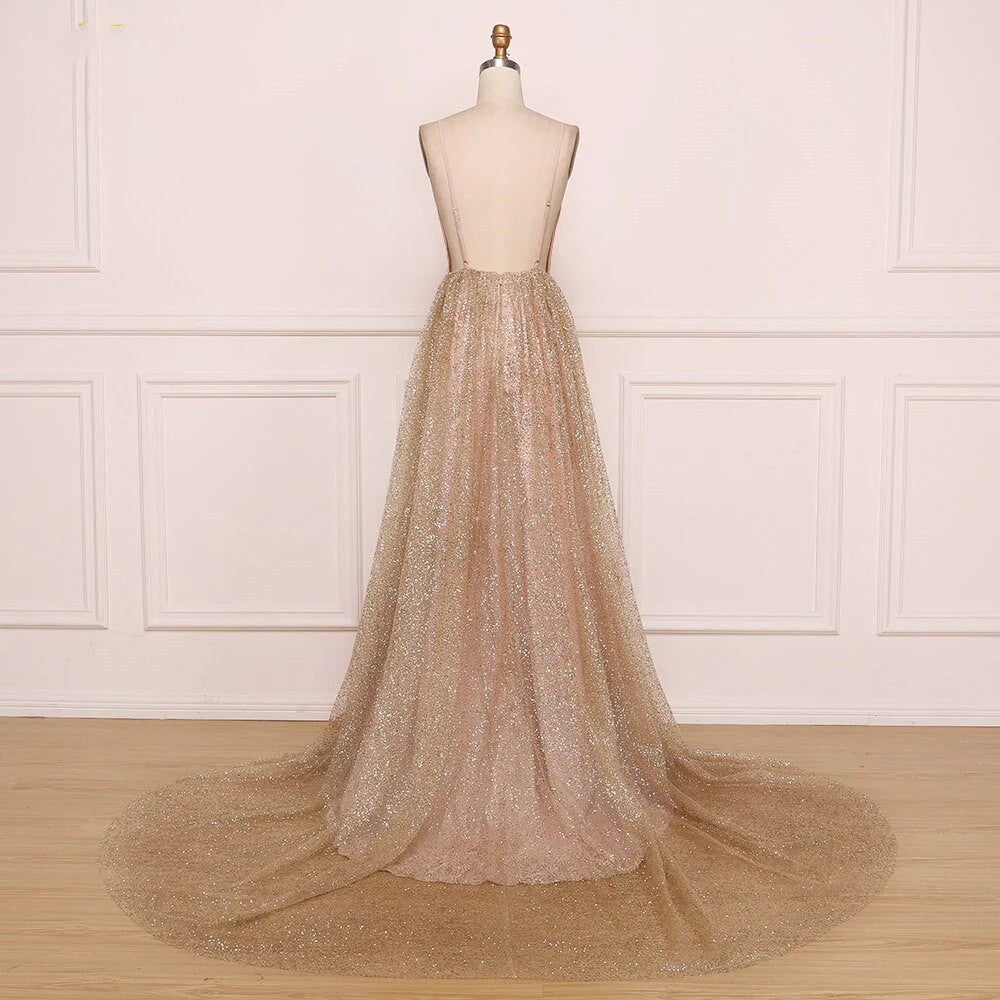 Vestidos de fiesta con escote en V, tirantes finos y espalda descubierta, largos y brillantes