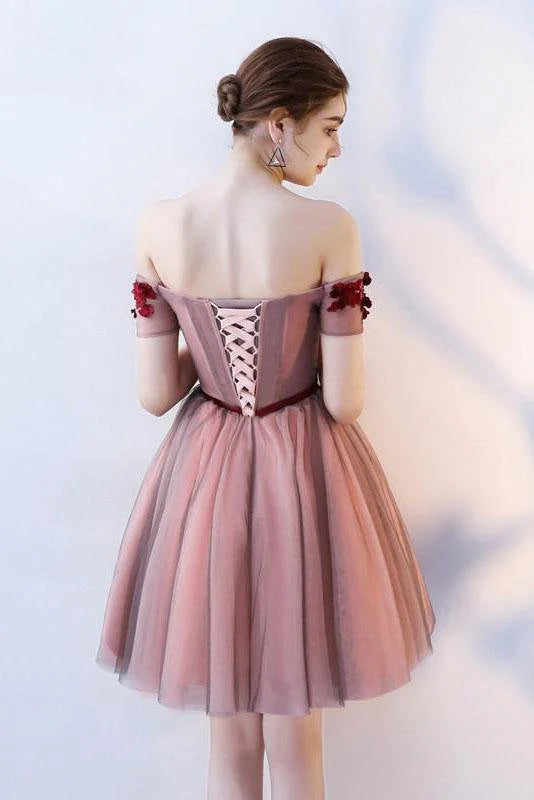 Vestidos de fiesta cortos de tul con cordones y flores rojas, sin tirantes, con hombros descubiertos