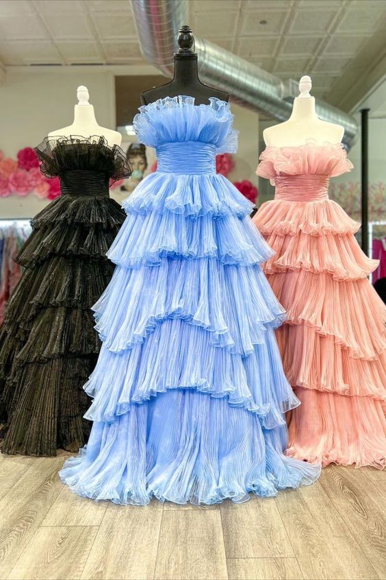 A Line Strapless Princess Tulle Layers Ruffles Long Prom Dress
