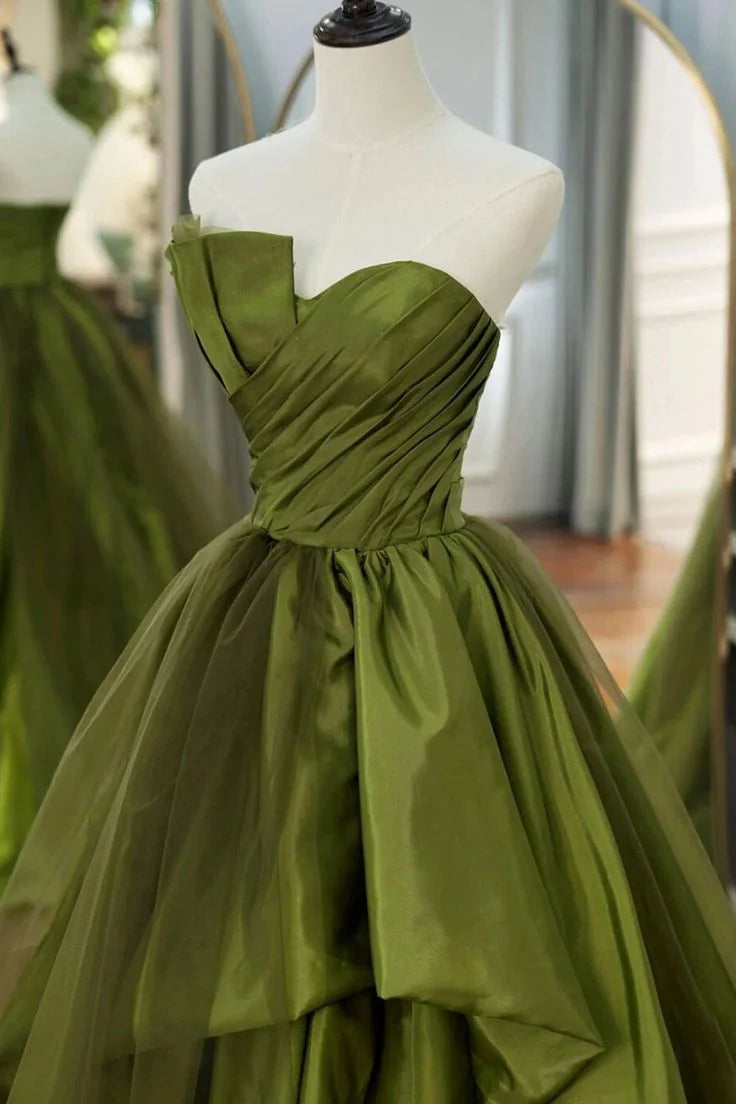 Vestidos de noche de fiesta con cola larga, satén, tul y sin tirantes en línea A