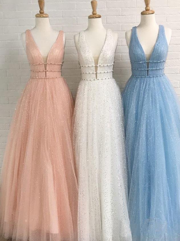 A Line Straps Deep V Neck Ball Gown Prom Dresses Open Back Evening Dresses
