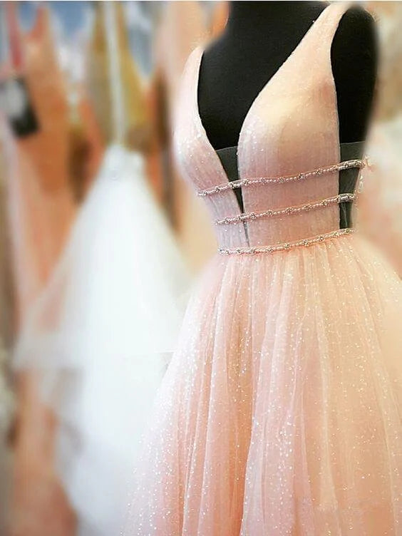 A Line Straps Deep V Neck Ball Gown Prom Dresses Open Back Evening Dresses
