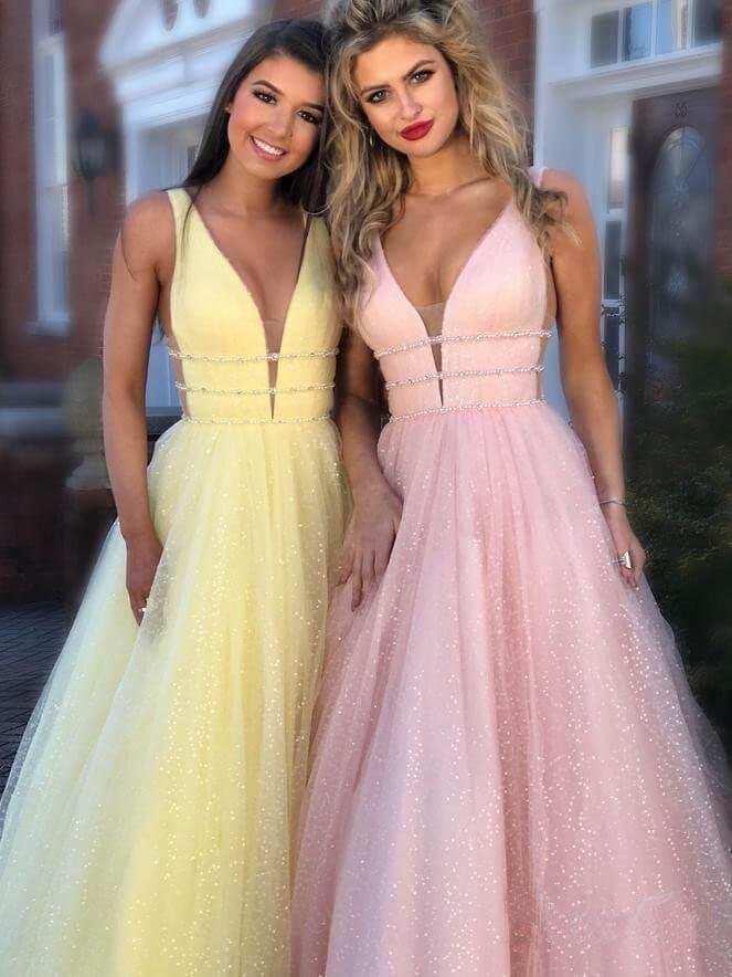 A Line Straps Deep V Neck Ball Gown Prom Dresses Open Back Evening Dresses