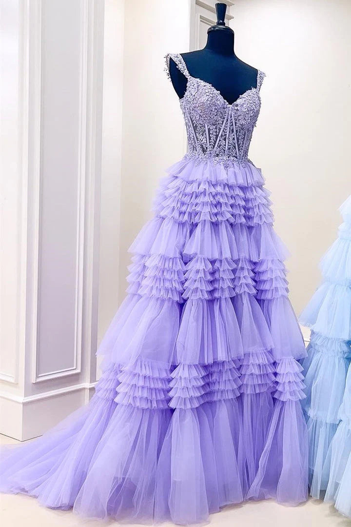Vestido de fiesta largo con volantes, hombros descubiertos y tul en línea A