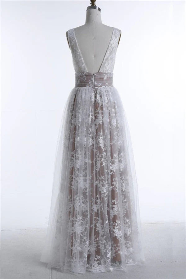 A Line V Neck Appliques Long Prom Dress V-neck Sexy Evening Dresses