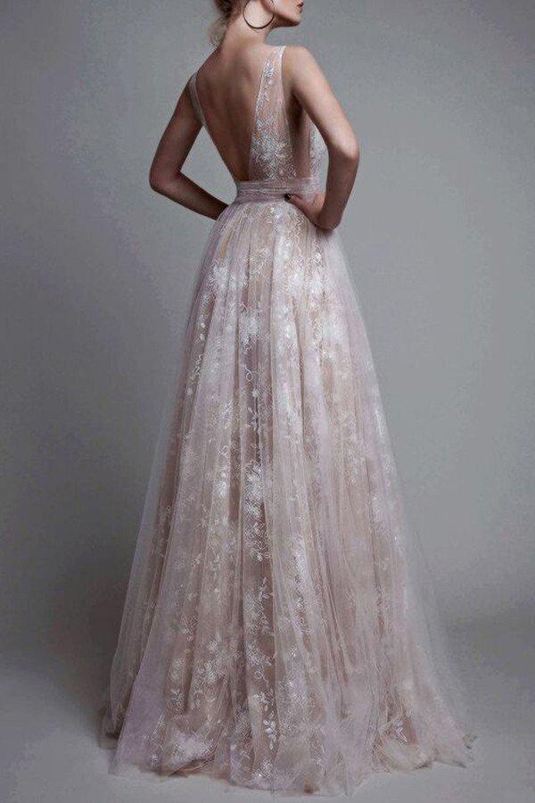 A Line V Neck Appliques Long Prom Dress V-neck Sexy Evening Dresses