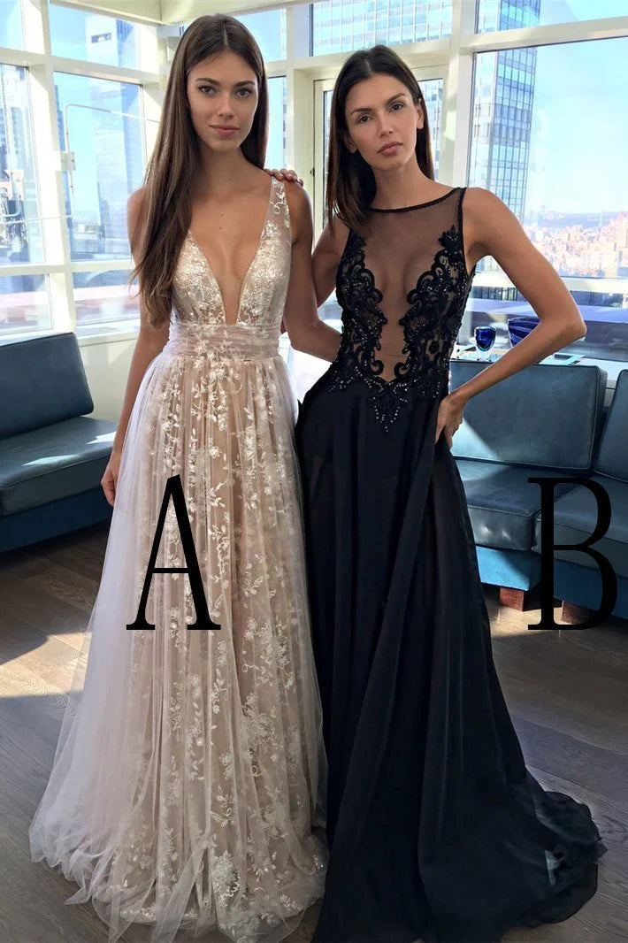 A Line V Neck Appliques Long Prom Dress V-neck Sexy Evening Dresses