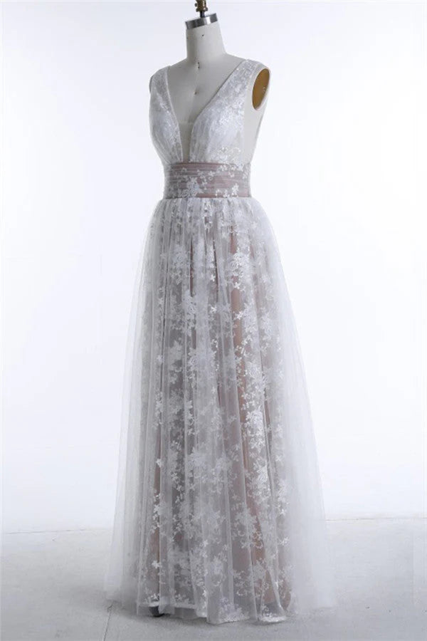 A Line V Neck Appliques Long Prom Dress V-neck Sexy Evening Dresses