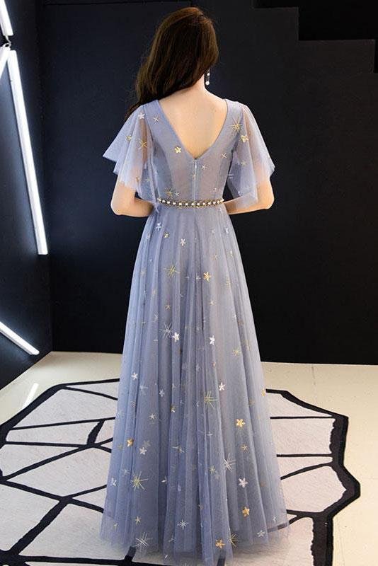 Vestidos de fiesta largos con escote en V y corte A, mangas cortas, vestidos formales largos, vestidos de baile