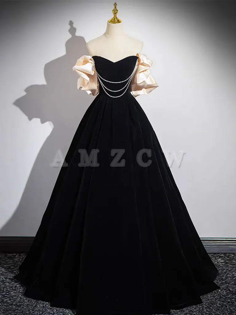 Amzcw A-Line Black Velvet Long Prom Dress Black Long Evening Dress prom dress in store