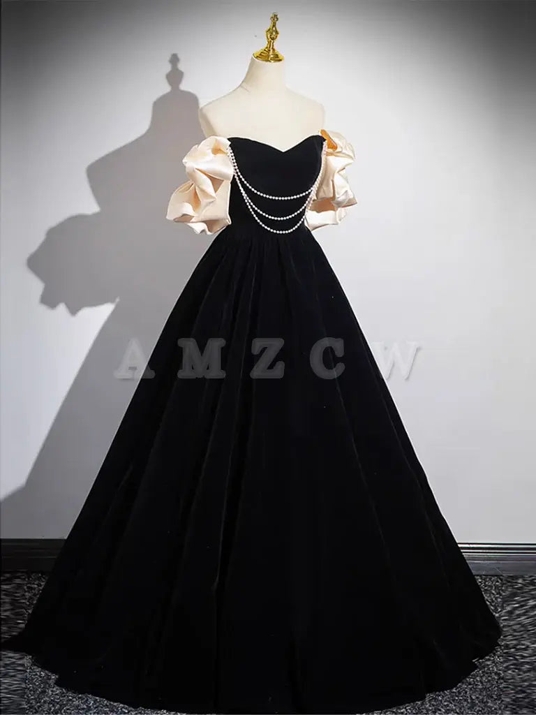 Amzcw A-Line Black Velvet Long Prom Dress Black Long Evening Dress prom dress in store