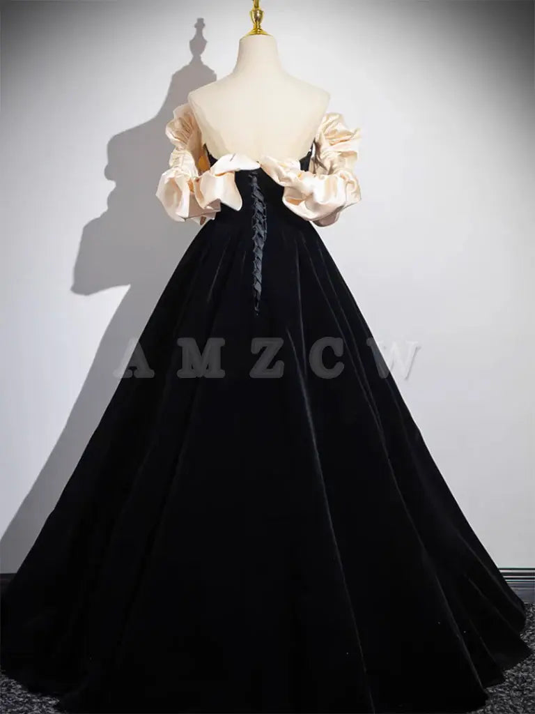 Amzcw A-Line Black Velvet Long Prom Dress Black Long Evening Dress prom dress in store