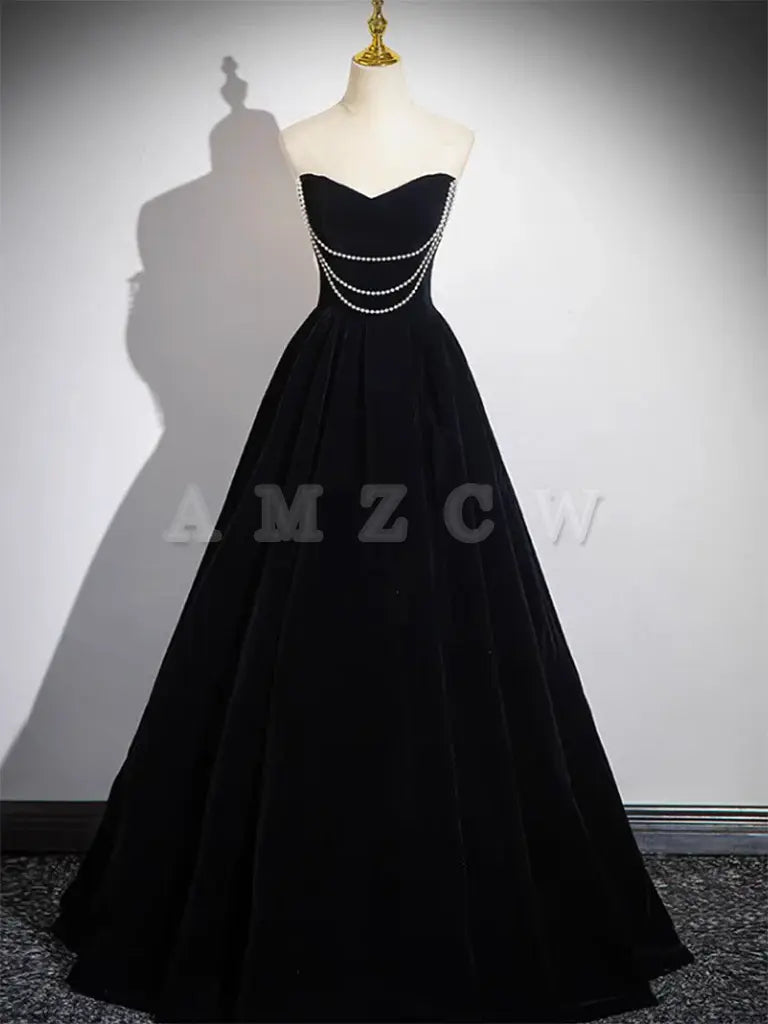 Amzcw A-Line Black Velvet Long Prom Dress Black Long Evening Dress prom dress in store