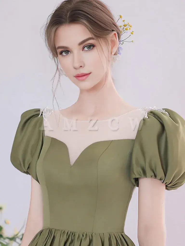 Amzcw A-Line Green Satin Tea Length Prom Dress Green Long Formal Dress prom dress in store