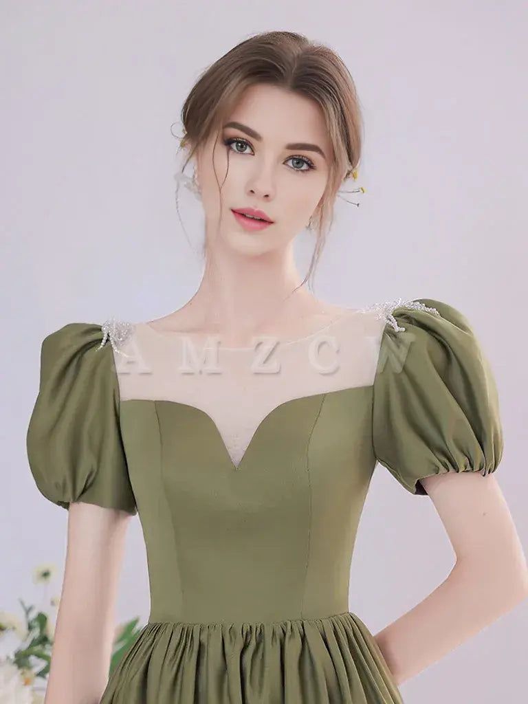 Amzcw A-Line Green Satin Tea Length Prom Dress Green Long Formal Dress prom dress in store