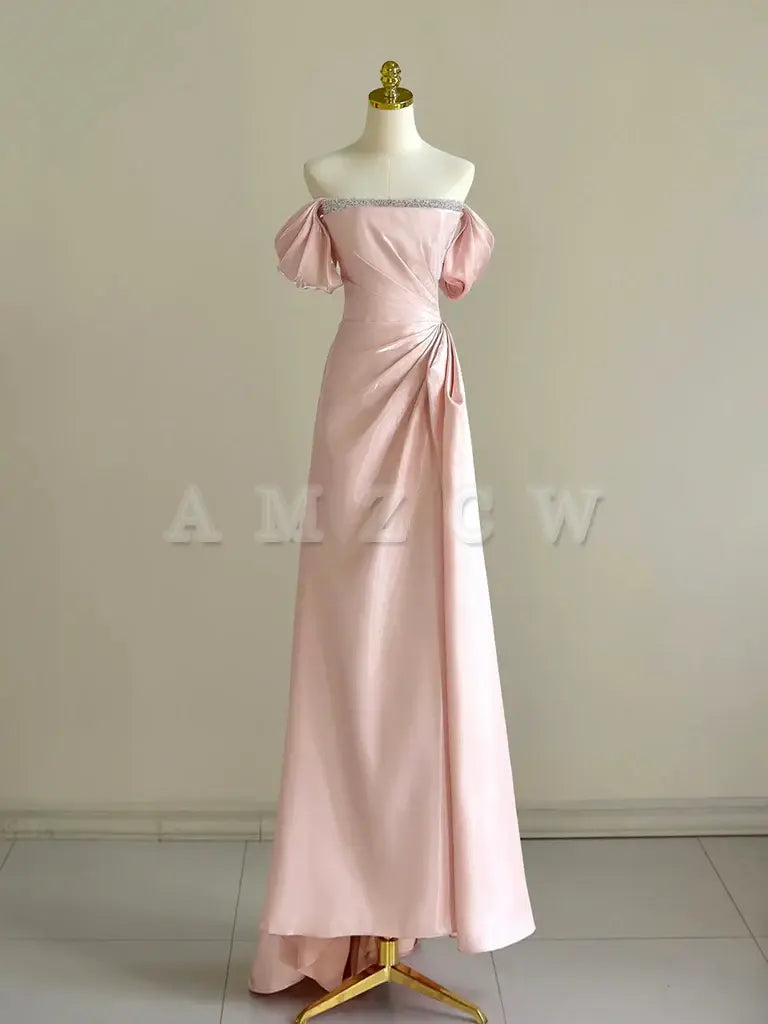 Amzcw A-Line Off Shoulder Pink Long Prom Dress Pink Long Formal Dress with Beads prom dress in store 