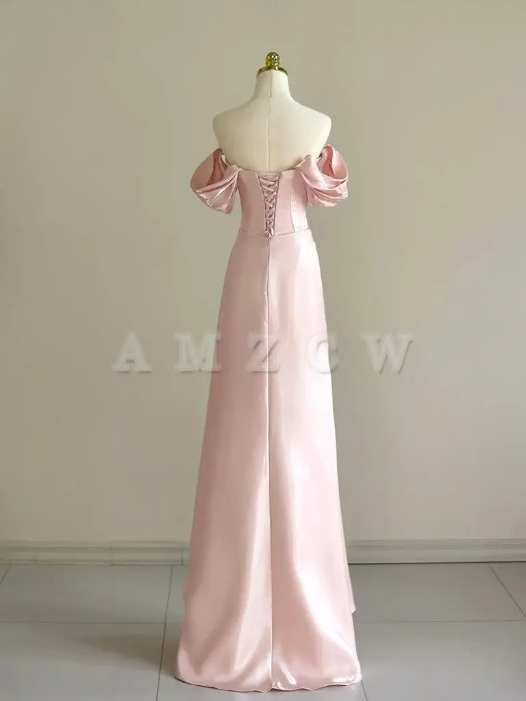 Amzcw A-Line Off Shoulder Pink Long Prom Dress Pink Long Formal Dress with Beads prom dress in store 