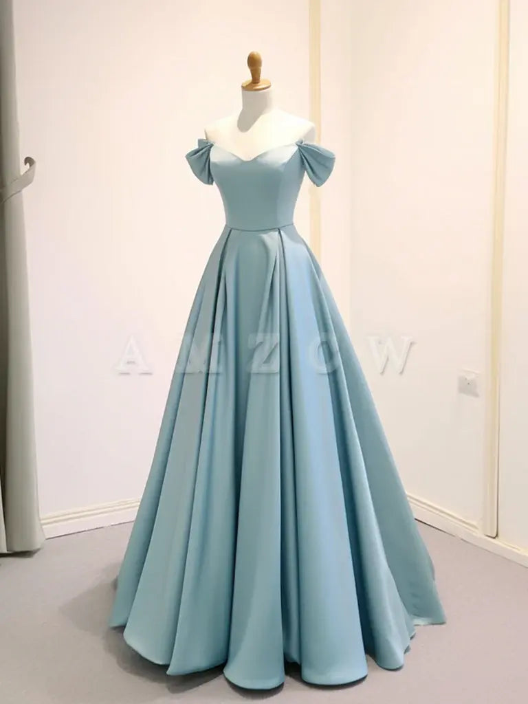 Amzcw A-Line Off Shoulder Satin Blue Long Prom Dress Blue Long Formal Dress prom dresses shops 