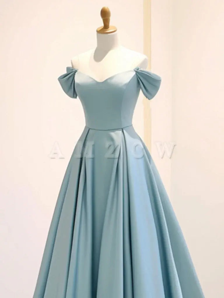 Amzcw A-Line Off Shoulder Satin Blue Long Prom Dress Blue Long Formal Dress prom dresses shops 