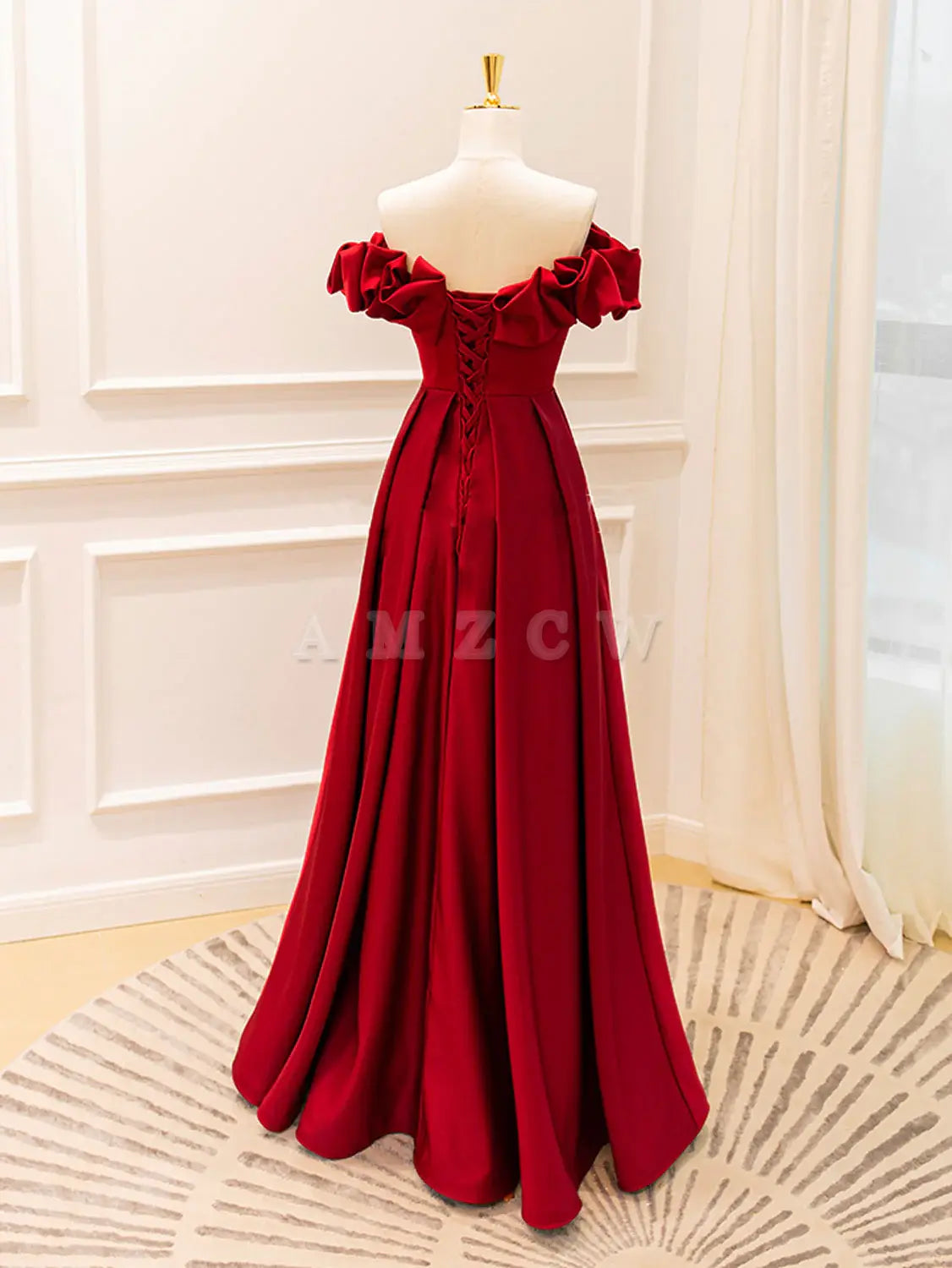 Amzcw A-Line Off Shoulder Satin Burgundy Long Prom Dress Burgundy Evening Dresses prom dress in store