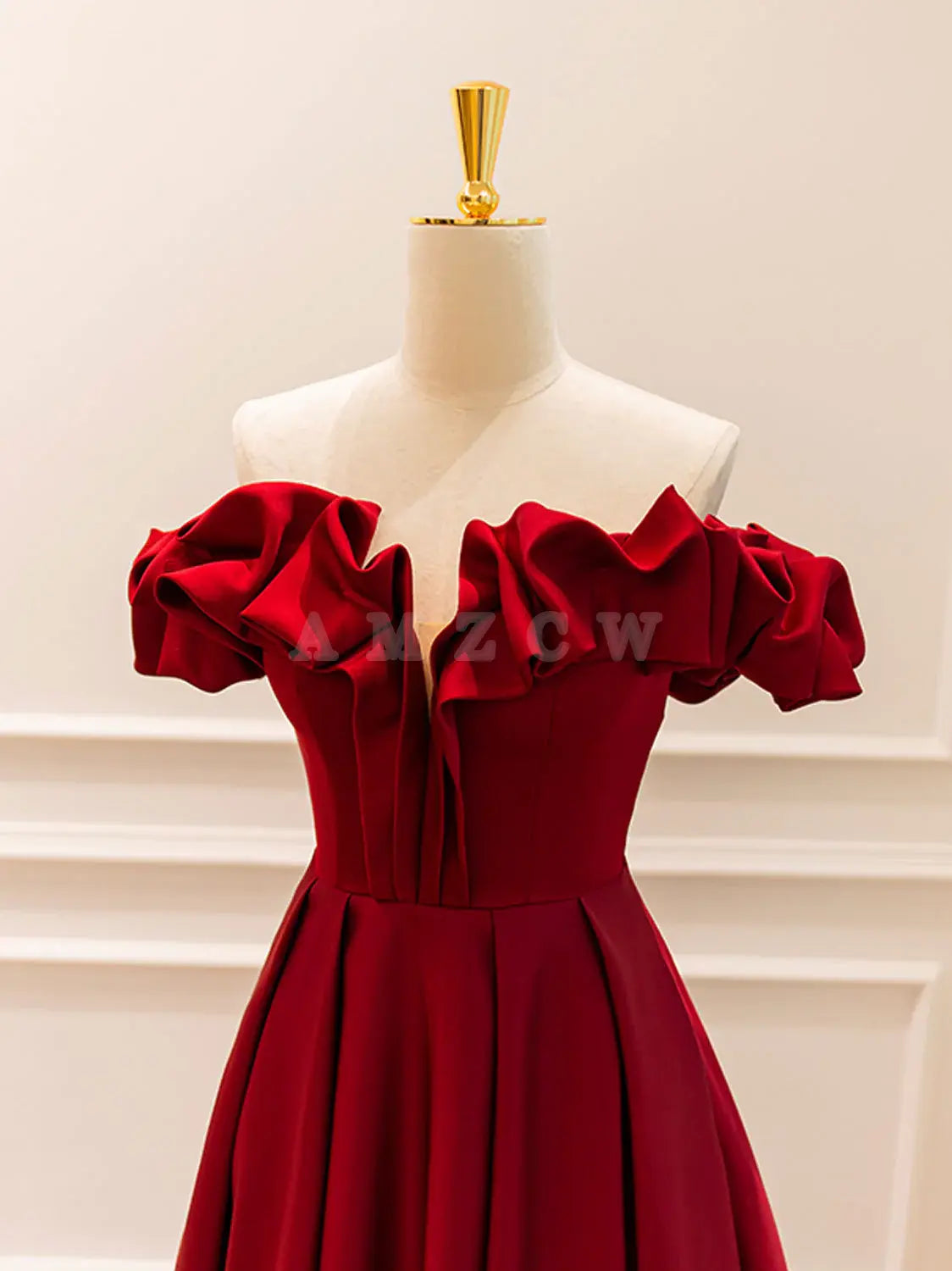 Amzcw A-Line Off Shoulder Satin Burgundy Long Prom Dress Burgundy Evening Dresses prom dress in store