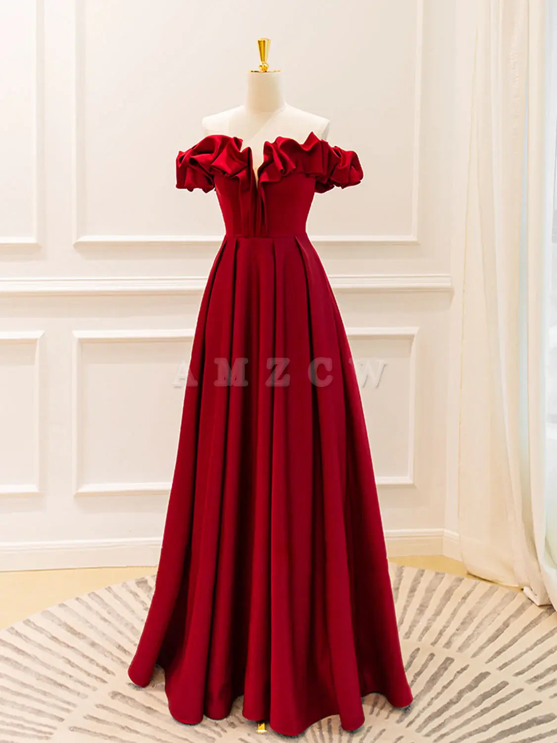 Amzcw A-Line Off Shoulder Satin Burgundy Long Prom Dress Burgundy Evening Dresses prom dress in store