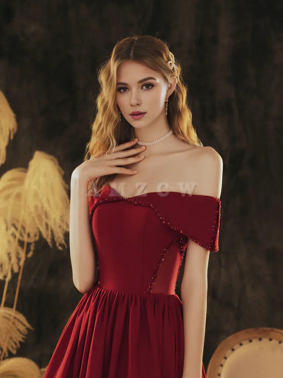 Vestido de fiesta largo burdeos de satén con hombros descubiertos y corte en A de Amzcw, vestido de noche formal burdeos, vestido de fiesta en tienda