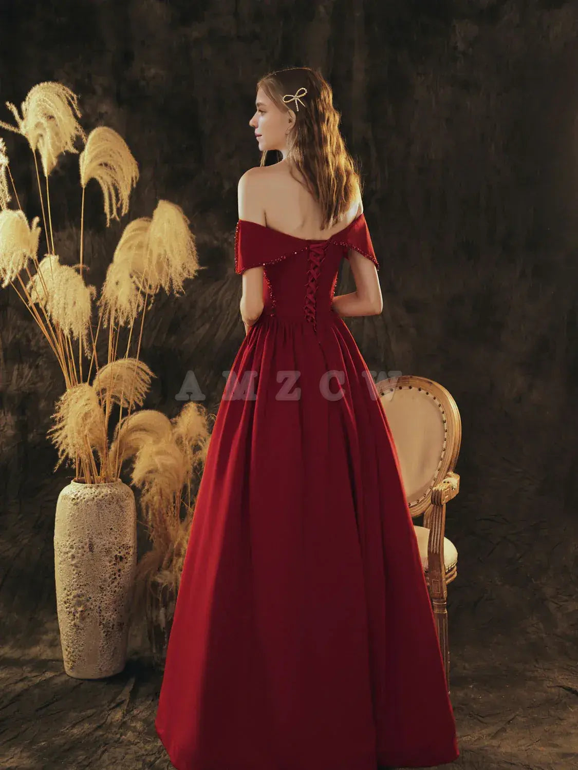 Vestido de fiesta largo burdeos de satén con hombros descubiertos y corte en A de Amzcw, vestido de noche formal burdeos, vestido de fiesta en tienda
