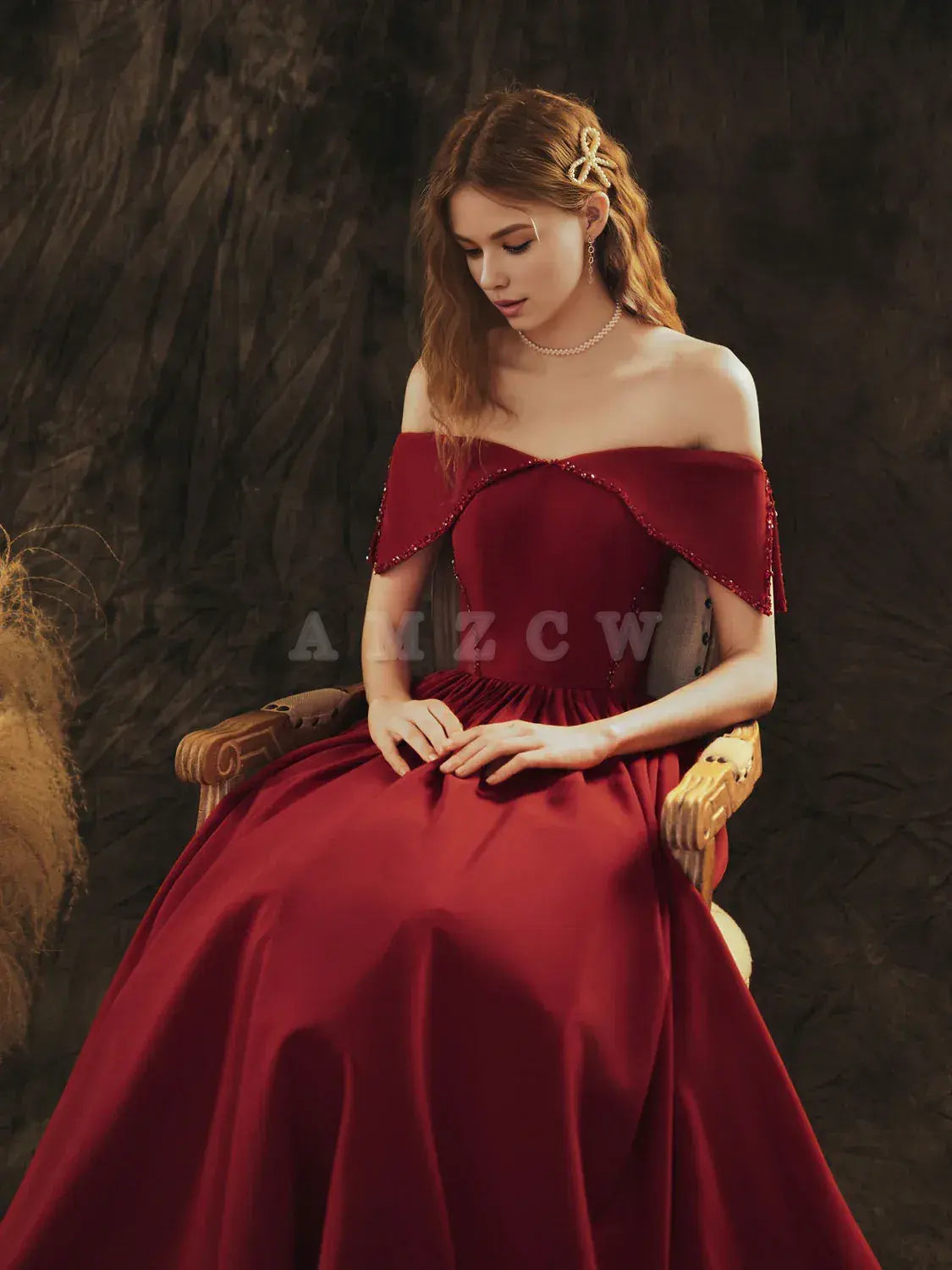 Vestido de fiesta largo burdeos de satén con hombros descubiertos y corte en A de Amzcw, vestido de noche formal burdeos, vestido de fiesta en tienda