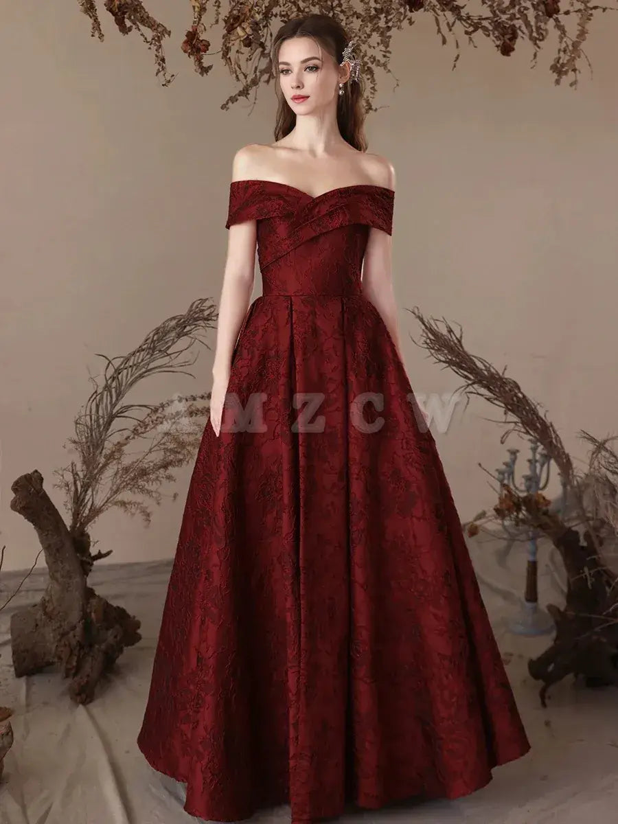 Vestido de fiesta largo burdeos de satén con hombros descubiertos y corte A de Amzcw, vestido de noche largo burdeos, tiendas de vestidos de fiesta