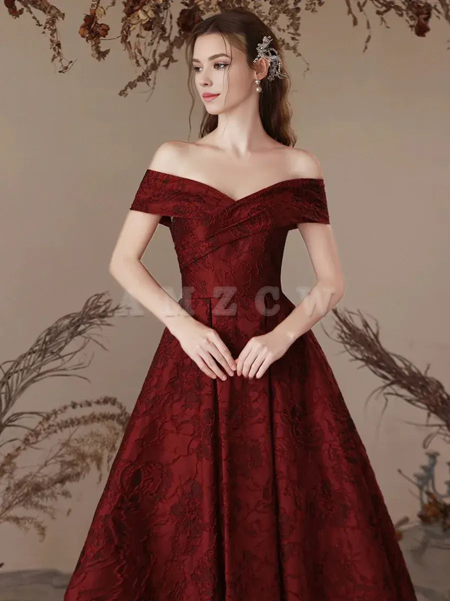 Vestido de fiesta largo burdeos de satén con hombros descubiertos y corte A de Amzcw, vestido de noche largo burdeos, tiendas de vestidos de fiesta