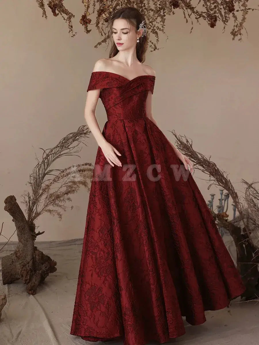 Vestido de fiesta largo burdeos de satén con hombros descubiertos y corte A de Amzcw, vestido de noche largo burdeos, tiendas de vestidos de fiesta