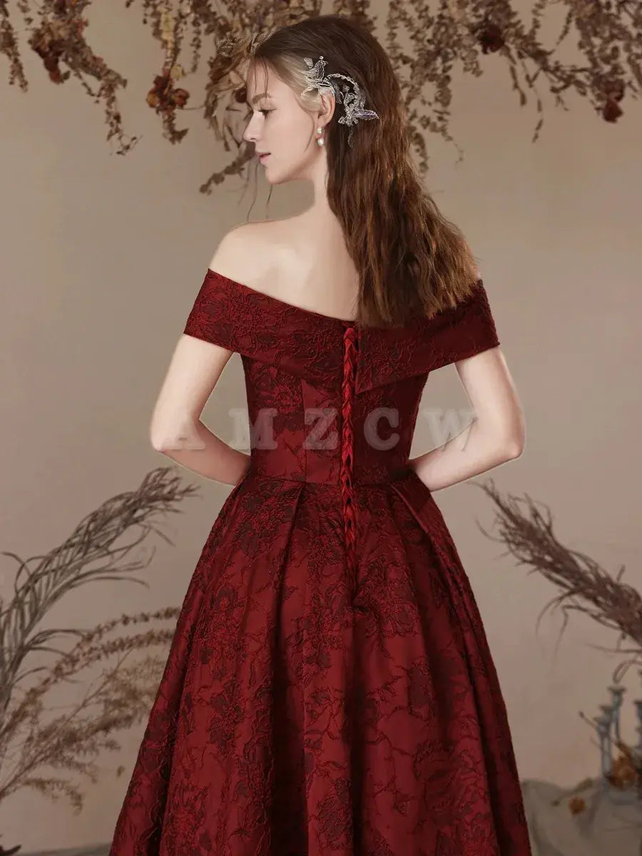 Vestido de fiesta largo burdeos de satén con hombros descubiertos y corte A de Amzcw, vestido de noche largo burdeos, tiendas de vestidos de fiesta