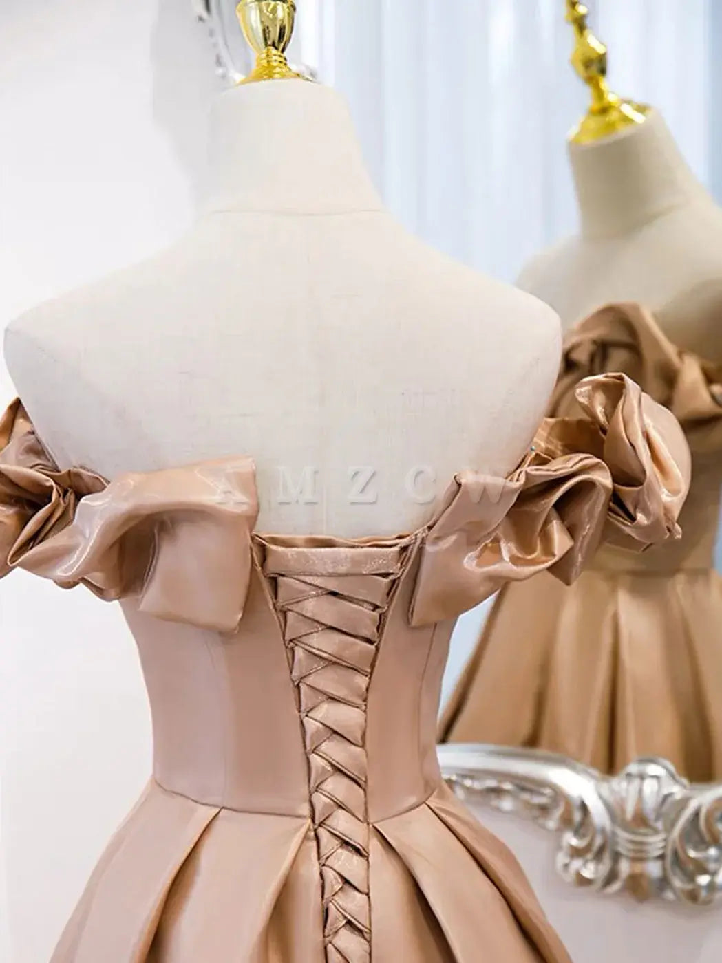 Amzcw A-Line Off Shoulder Satin Champagne Long Prom Dress Champagne Formal Dress prom dress in store