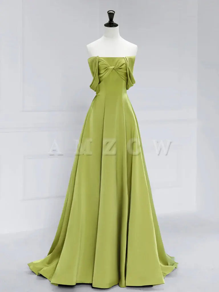 Amzcw A-Line Off Shoulder Satin Green Long Prom Dress Zielona długa formalna sukienka na studniówkę w sklepie