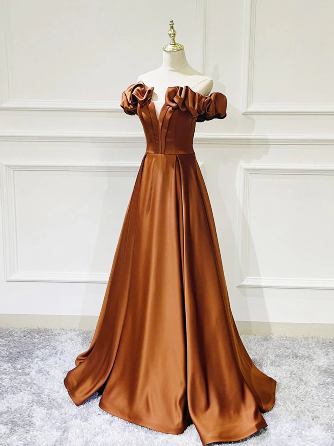 Amzcw A-Line Off Shoulder Satin Long Prom Dress Simple Evening Dresses prom dress in store