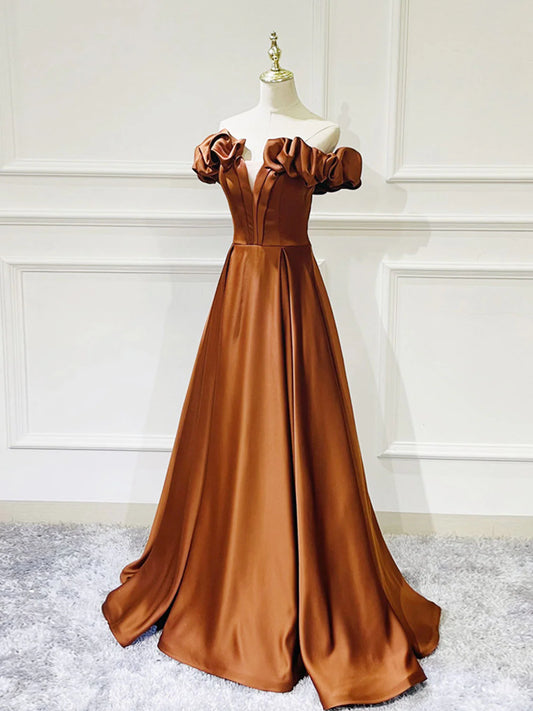 Amzcw A-Line Off Shoulder Satin Long Prom Dress Simple Evening Dresses prom dress in store